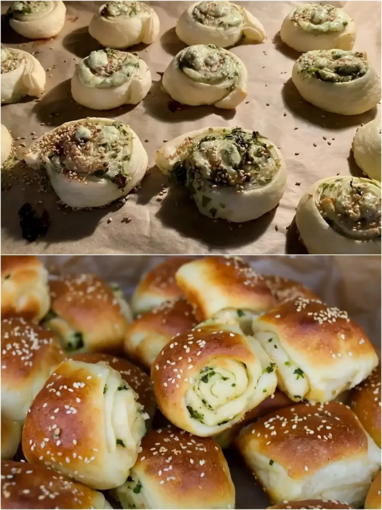 Köstliche Bärlauch-Schnecken mit Käse 2 Köstliche Bärlauch-Schnecken mit Käse auf einem Teller, garniert mit frischen Kräutern.