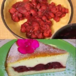 Omas Kirschkuchen 3 Omas Kirschkuchen auf einem Teller, frisch gebacken und appetitlich angerichtet.