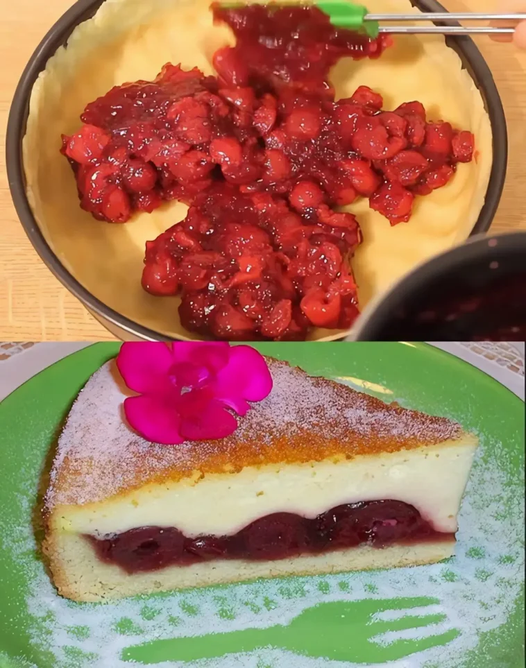 Omas Kirschkuchen 6 Omas Kirschkuchen auf einem Teller, frisch gebacken und appetitlich angerichtet.