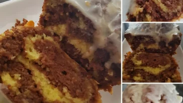 Orangen-Marmorkuchen auf einem Teller mit frischen Orangenscheiben