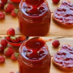 Perfekte Erdbeermarmelade 4 Hausgemachte Erdbeermarmelade in einem Glas mit frischen Erdbeeren
