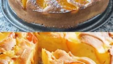 Pfirsich Vanillekuchen frisch gebacken auf einem Teller