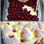 Quark Kirschkuchen 3 Saftiger Quark Kirschkuchen auf einem Teller, dekoriert mit Kirschen.