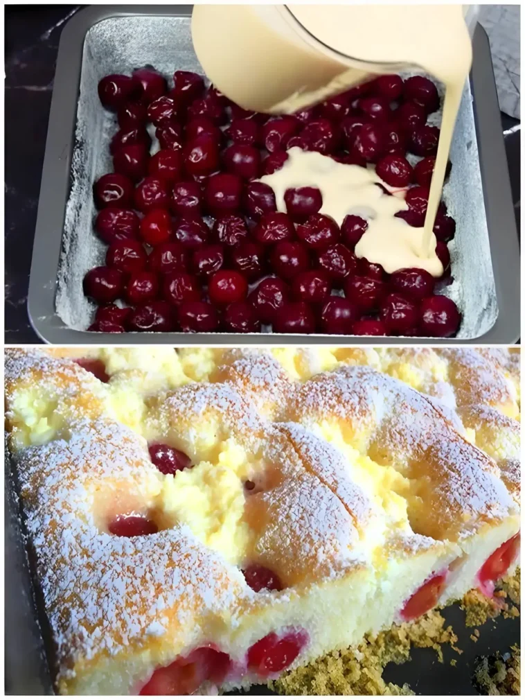 Quark Kirschkuchen 5 Saftiger Quark Kirschkuchen auf einem Teller, dekoriert mit Kirschen.