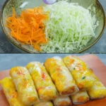 Rezept für Kohlfrühlingsrollen 4 Leckere Kohlfrühlingsrollen auf einem Teller serviert.