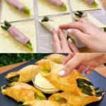 Rustikale Brötchen mit Spargel 4 Rustikale Brötchen mit frischem Spargel auf einem Holzbrett
