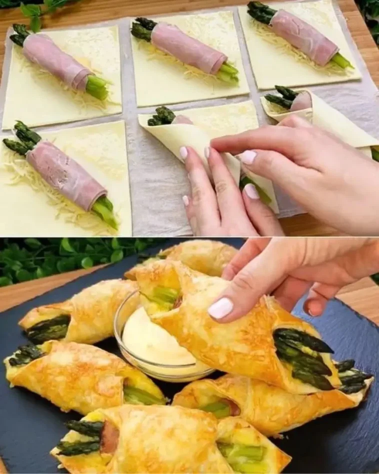 Rustikale Brötchen mit Spargel 1 Rustikale Brötchen mit frischem Spargel auf einem Holzbrett