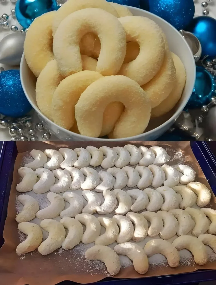 Sahnekipferl mit Kokos 2 Leckere Sahnekipferl mit Kokos, schön angerichtet auf einem Teller.