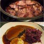 Sauerbraten mit Rotkohl und Kartoffelklößen 3 Sauerbraten mit Rotkohl und Kartoffelklößen auf einem Teller serviert.