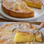 Apfelkuchen mit Vanillepudding auf einem Teller serviert