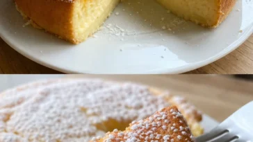 Blitzschneller Joghurtkuchen frisch gebacken auf einem Tischtuch.