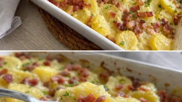 Leckere Carbonara Kartoffeln aus dem Ofen, garniert mit Speck und Parmesan.