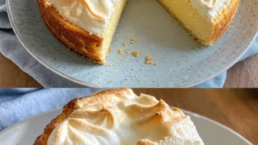 Eierlikör-Käsekuchen ohne Boden auf einem weißen Teller serviert.