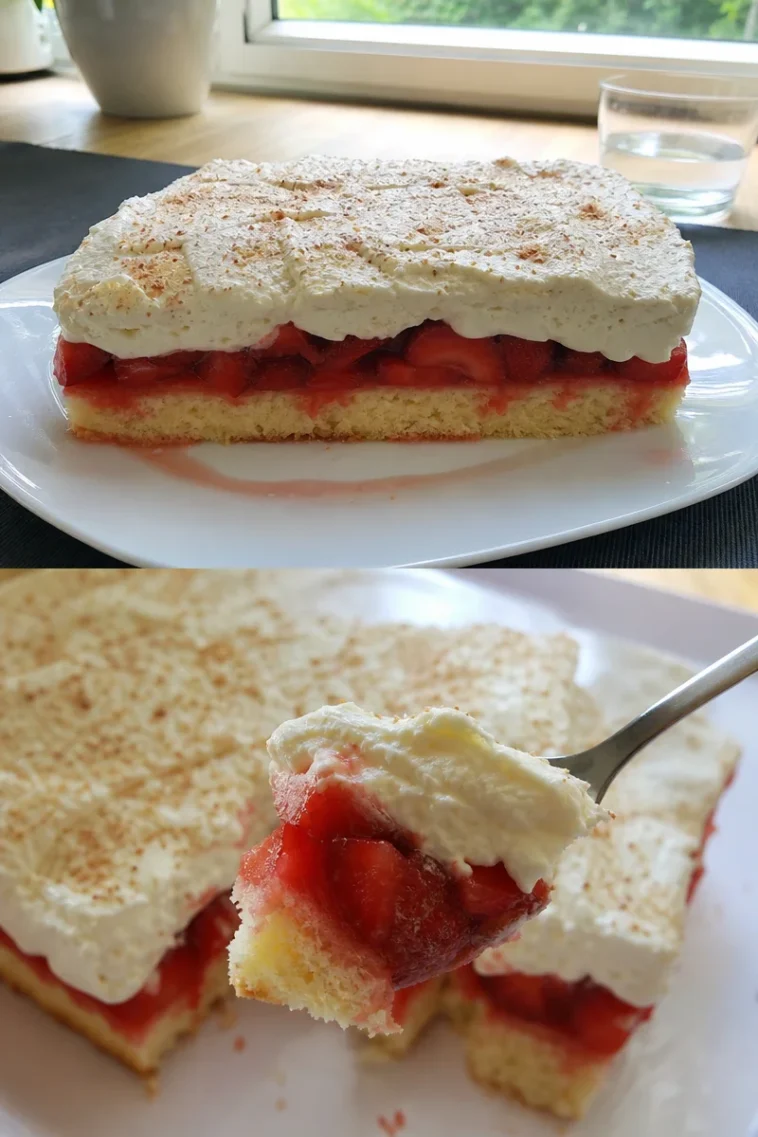 Fantakuchen mit Erdbeeren auf einem Teller serviert