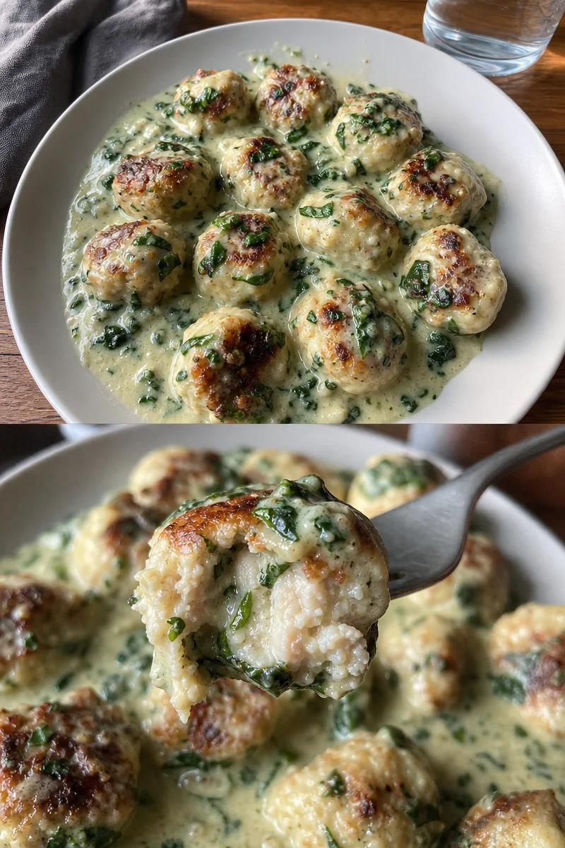 Hähnchen-Ricotta-Frikadellen Rezept mit Spinat-Sauce