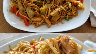 Hähnchen-Wok-Nudeln mit frischen Sojasprossen und buntem Gemüse