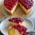 Himbeer Schmand Kuchen auf einem Teller mit frischen Himbeeren dekoriert
