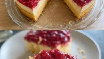 Himbeer Schmand Kuchen auf einem Teller mit frischen Himbeeren dekoriert