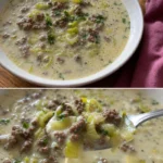 Käse-Lauch-Suppe mit Hackfleisch Rezept 4 Käse-Lauch-Suppe mit Hackfleisch in einer Schüssel serviert