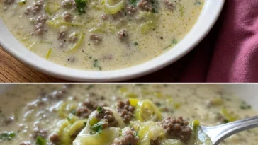 Käse-Lauch-Suppe mit Hackfleisch in einer Schüssel serviert