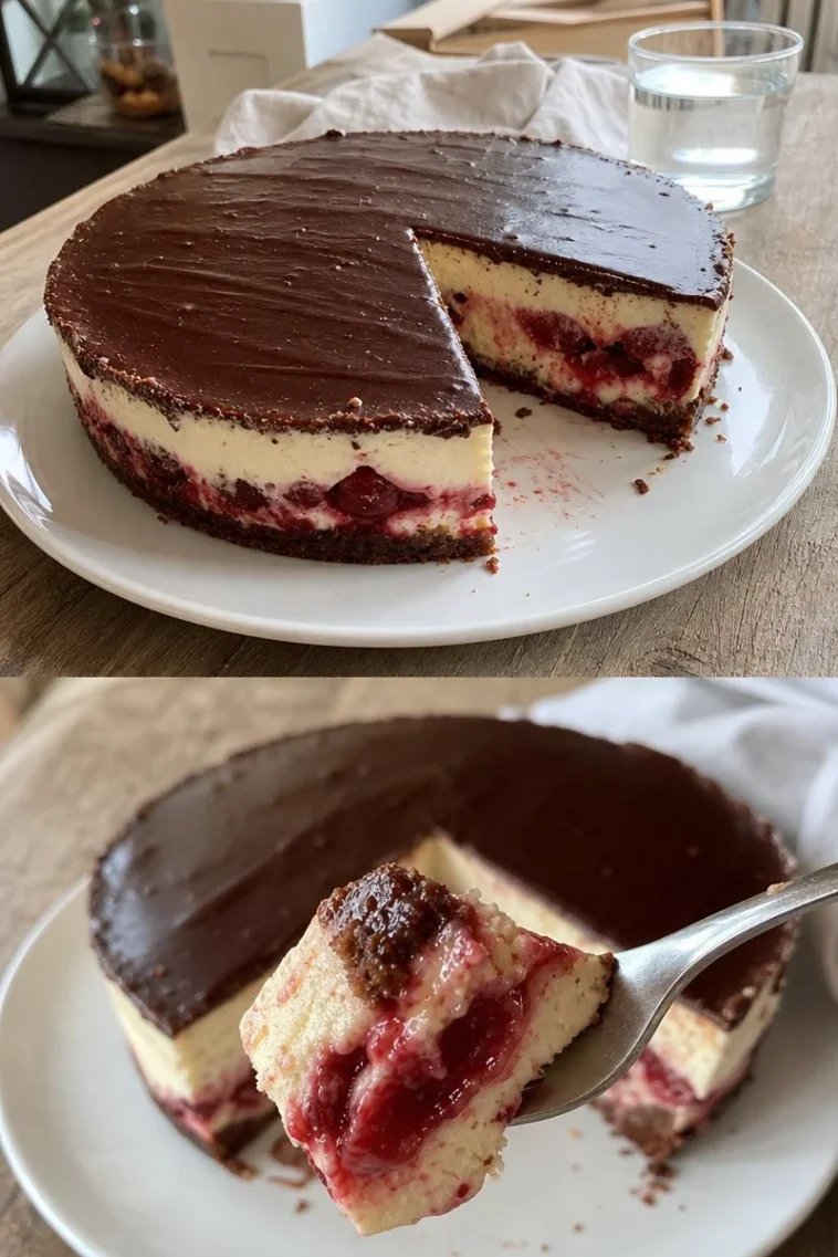 Käsetorte Schwarzwälder Art Rezept 1 Käsetorte Schwarzwälder Art mit Schokolade und Kirschen dekoriert