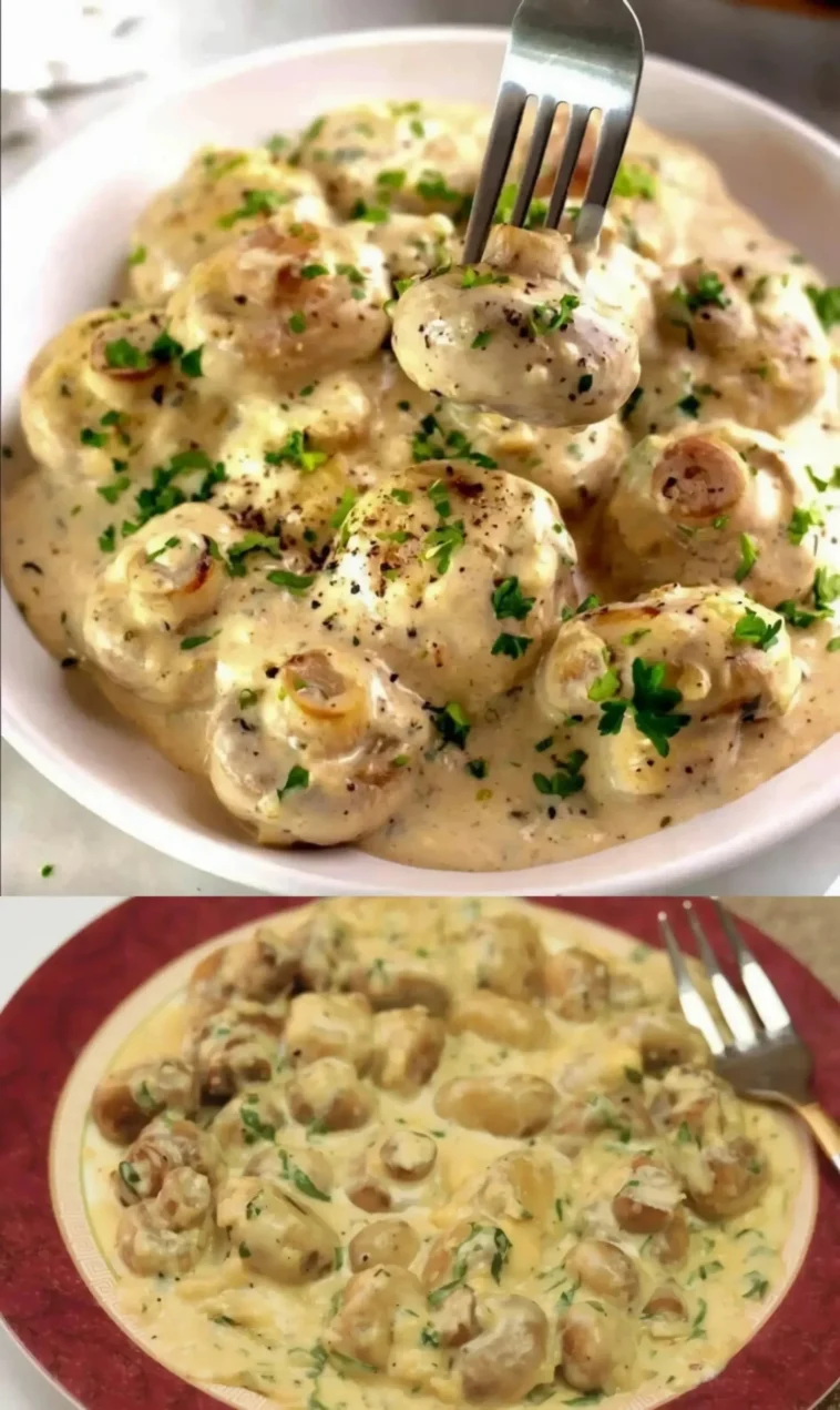Pilz-Parmesan-Delikatesse Rezept 1 Pilz-Parmesan-Delikatesse mit frischen Kräutern und Käse dekoriert.