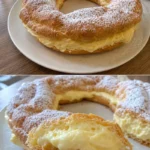 Polnischer Windbeutelkuchen Rezept einfach 3 Ein Stück Windbeutelkuchen auf einem Teller, dekoriert mit Sahne und Früchten.