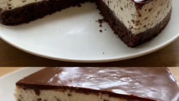Stracciatella-Torte ohne Backen auf einem Teller mit Schokoladenstückchen