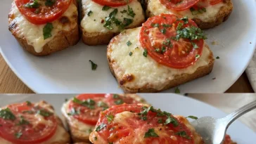 Leckeres Tomaten-Mozzarella-Toast auf einem Tisch serviert