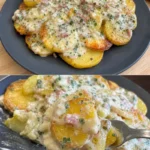 Traditionelles Kartoffelrezept mit Sauerrahm 4 Traditionelles Kartoffelrezept mit Sauerrahm auf einem Teller serviert