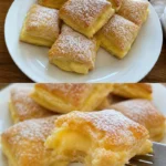 Vanillecreme-Pudding-Kissen Blätterteig-Rezept einfach 4 Vanillecreme-Pudding-Kissen im Blätterteig auf einem Teller