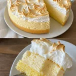 Zitronen-Baiser-Kuchen Rezept 3 Zitronen-Baiser-Kuchen auf einem Teller, dekoriert mit frischen Zitronenscheiben.