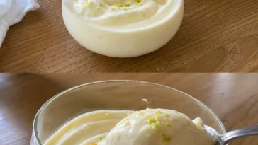 Schöpfen von Zitronenmousse in einer eleganten Dessertschale