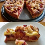 Zwetschgenkuchen mit Vanillepudding auf einem Kuchenteller